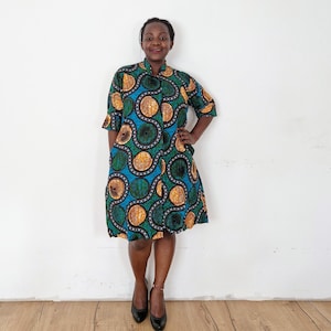 Blue dress, shirt dress, shirt dress with pockets, Africa dress, African print dress with pockets
