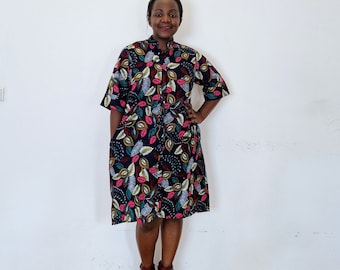 Blue Floral Print Cotton Dress with Pockets, Kenyan Design
