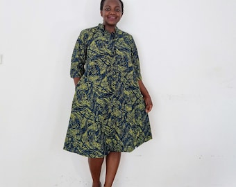 Green dress, shirt dress, dress with pockets, Africa dress, African print dress, Africa dress for woman