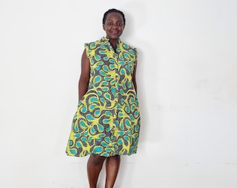 Yellow dress, green dress, sleeveless dress, dress with pockets, African dress