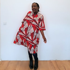 Red blouse dress, red dress, Shirt dress, Dress with pockets, Africa dress for woman