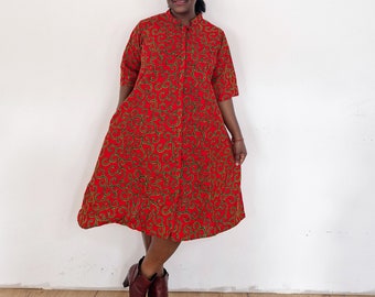 Red dress, Africa dress, African print dress with pockets, shirt dress, shirt dress with pockets