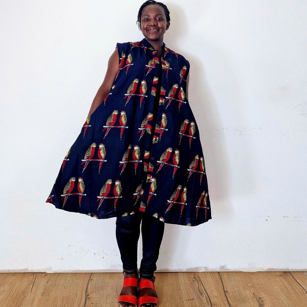 Kleid mit Vogelprints, Kleid mit Taschen, Sommerkleid, afrikanisches Printkleid