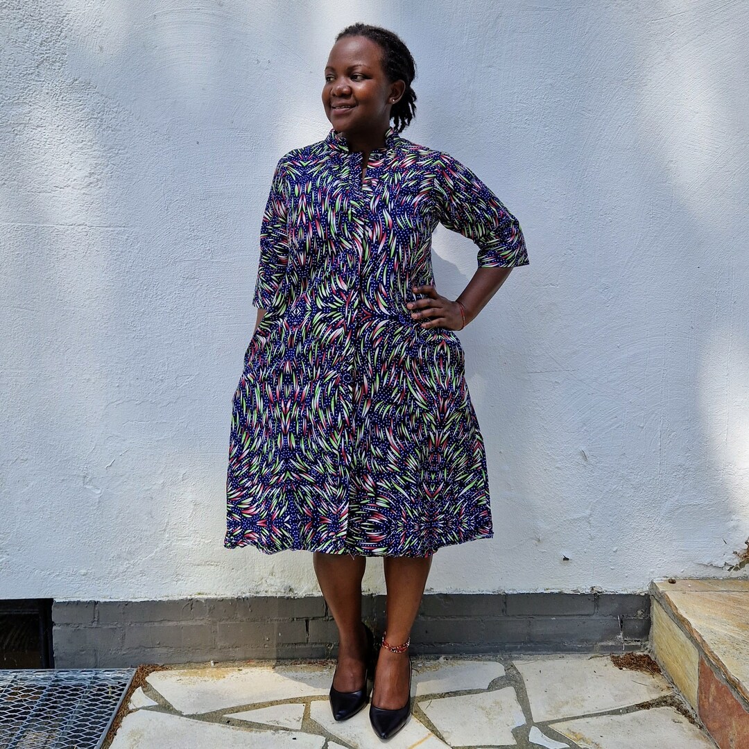 African Print Smocked Off-Shoulder Cotton Dress with Pockets | One Size