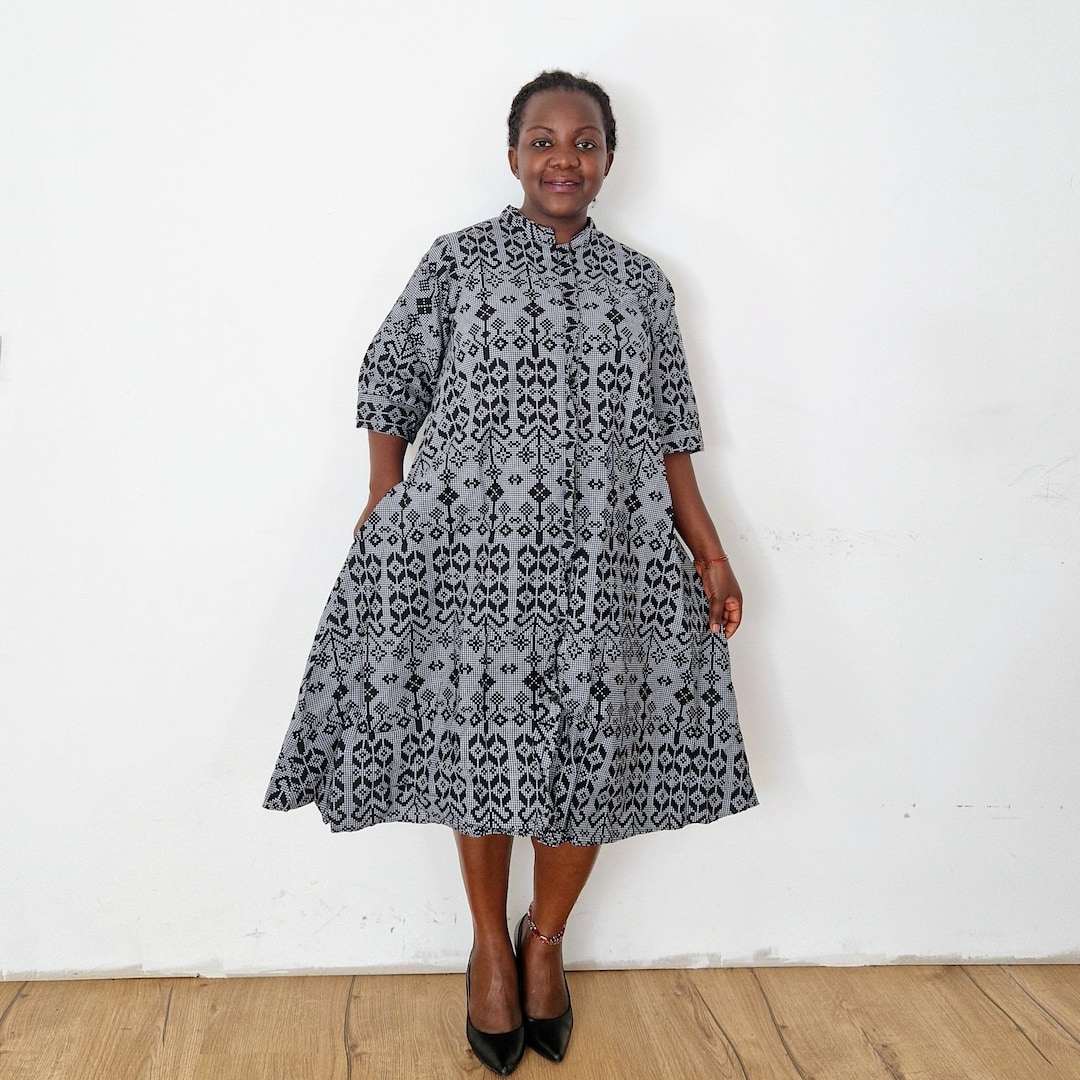 Grey African Print Shirt Dress, Cotton Kitenge With Pockets - Etsy