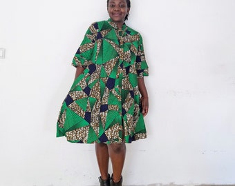 Ankara Dress, Africa Dress, Kente Dress, Shirt dress, Blouse dress, dress with pockets, green dress