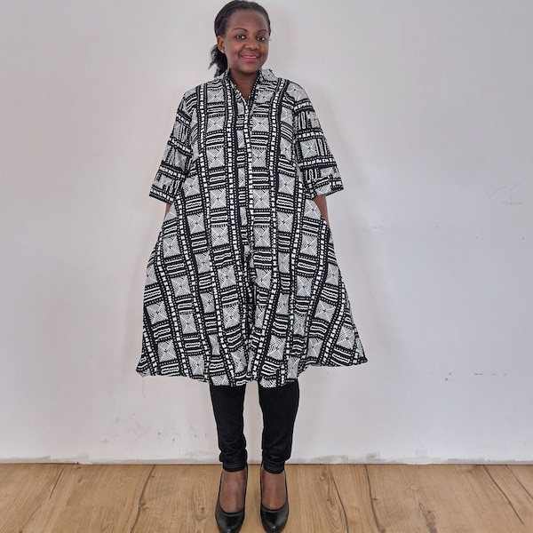 Tribal-Print-Kleid, schwarzes Kleid, Hemdkleid, Afrika-Kleid, afrikanisches Druckkleid mit Taschen