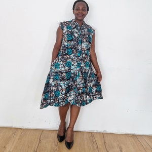 Green dress, sleeveless dress, dress with pockets, African dress, batik dress