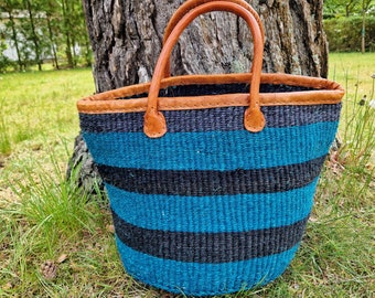 Sisal basket, sisal bag, tote bag, blue handmade sisal bag