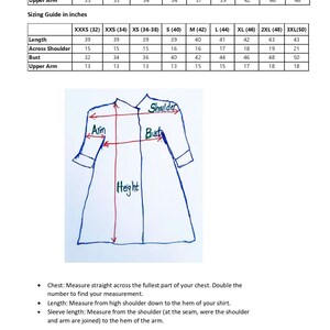 May include: A sizing guide for clothing in both centimeters and inches. The guide includes measurements for length, across shoulder, bust, and upper arm. The guide is broken down by size, ranging from XXXS to 3XL.