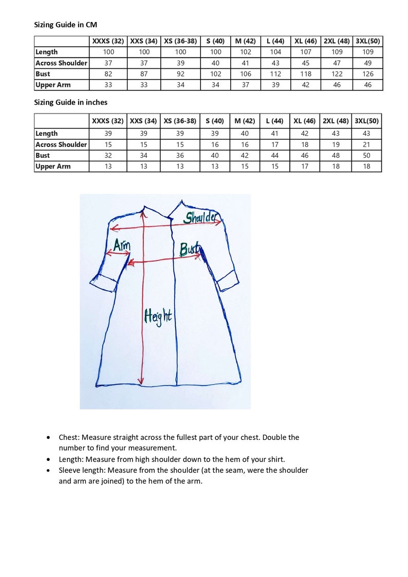 May include: A sizing guide for clothing in both centimeters and inches. The guide includes measurements for length, across shoulder, bust, and upper arm. The guide is broken down by size, ranging from XXXS to 3XL.