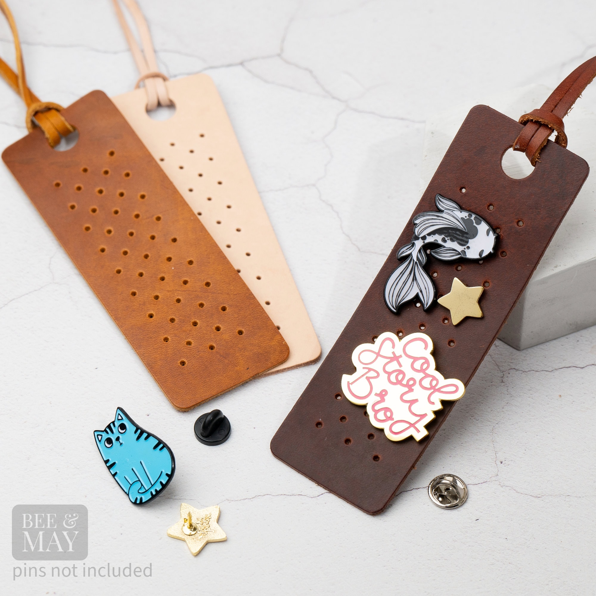 XXL Enamel pin display tag for handbags. Upcycled leather, pin badge holder. Eco-friendly