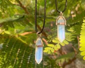 Opalite Silver Point Necklace, crystal wire necklace,  black cord necklace