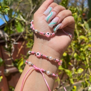 Pulsera de mal de ojo rosa, pulseras para mujeres, joyas, regalos, regalos únicos, regalos para mejores amigas, regalo para ella, pulsera de la amistad