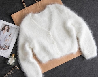 Cárdigan de punto de angora para boda, bolero de novia, cárdigan de angora, cárdigan blanco acogedor para invierno, cárdigan esponjoso