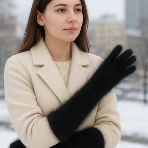 Angora Long Knit Gloves, Fluffy Winter Mittens