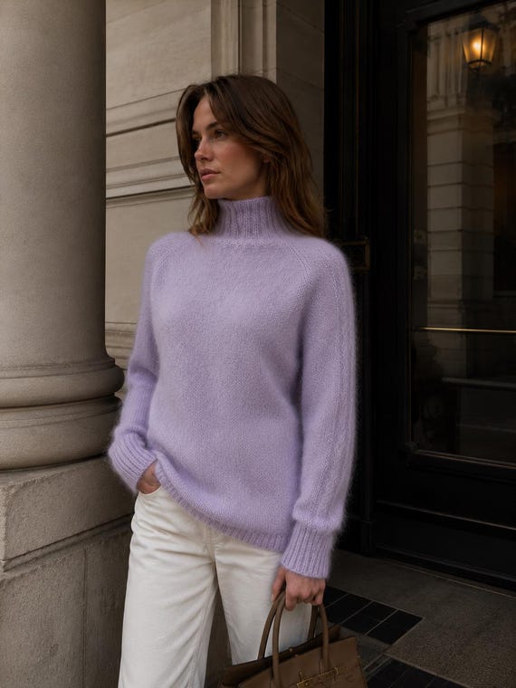 Angora Knit Lavender Sweater, Rabbit Knit Sweater, Winter Knit