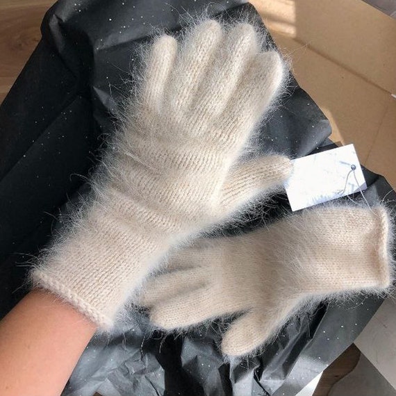 Women Knit Gloves Angora Knit Winter Mittens Beige Gloves Etsy