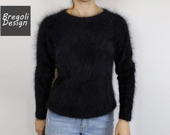Angora Sweater Black Knit Cozy Winter Fluffy Sweater