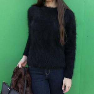 Women angora fluffy knit jumper, angora sweater,angora black jumper, hand knit jumper, gift for her