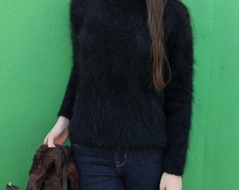 Hand Knit Angora Sweater, Women's Fluffy Black Jumper