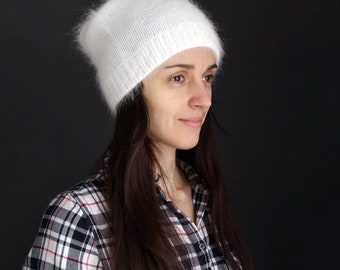 White Agora beanie, knit angora hat, white hat women, knit hats, gift for her