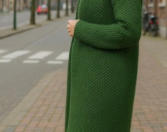 Cardigan lungo in maglia di lana, cardigan invernale oversize e comodo, maglione caldo aperto sul davanti, maglieria di lusso per donna