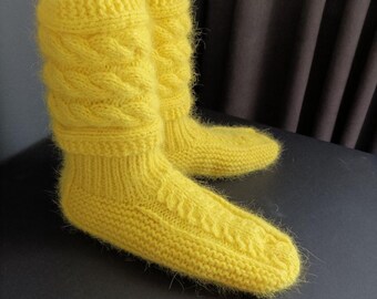 Hand Knit Angora Wool Socks, Fuzzy Winter Slippers, Christmas gift