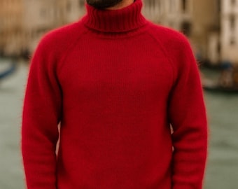 Luxury Black Angora Sweater Man, Handmade Fluffy Rabbit Angora Jumper, Soft Cloud Knit Pullover