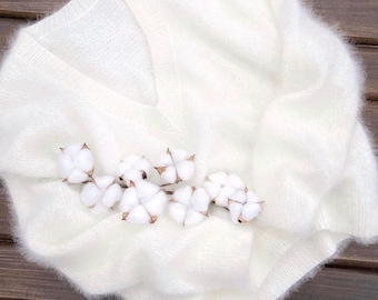 Angora Knit Sweater, Sweater angora, Women knit white angora jumper, Winter white cozy fluffy warm sweater
