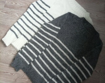 Men's Striped Sweater Knit Angora Sweater Wool  Warm Soft