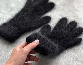 Angora Knit Gloves Women Knit Mittens Women Angora Knit Gloves Black Gloves Knit Rabbit Gloves Winter Knit Gloves Gift for her