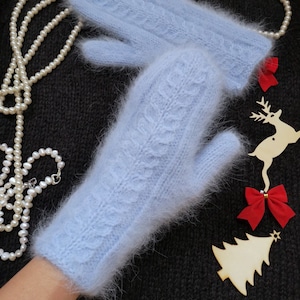 Angora knit mittens, winter cozy fluffy mittens
