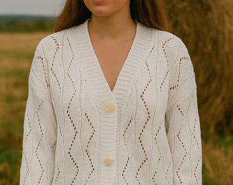 Cárdigan de punto de algodón blanco, cárdigan ligero de verano calado, prenda de punto bohemia para mujer