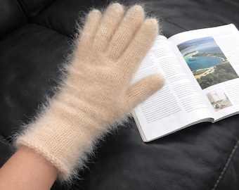White Knit Angora Gloves Women Knit Mittens Hat Women Angora Knit