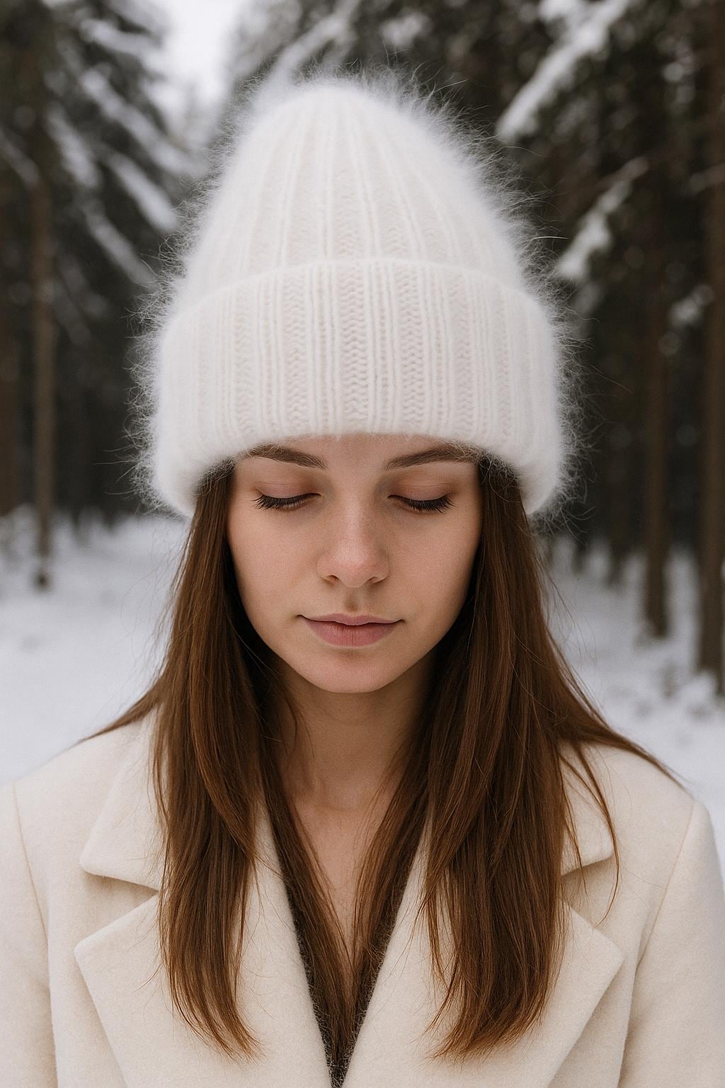 Creamy White 70% Angora Knit Winter Beanie Hat OS EUC Super Soft Cream Angora Beanies – Melina main image 3