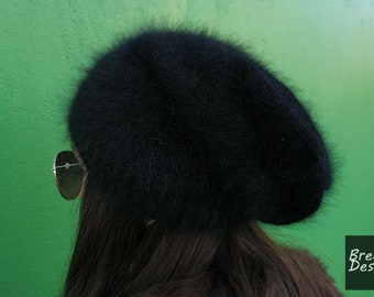 Black Angora Beanie, Fluffy Winter Hat