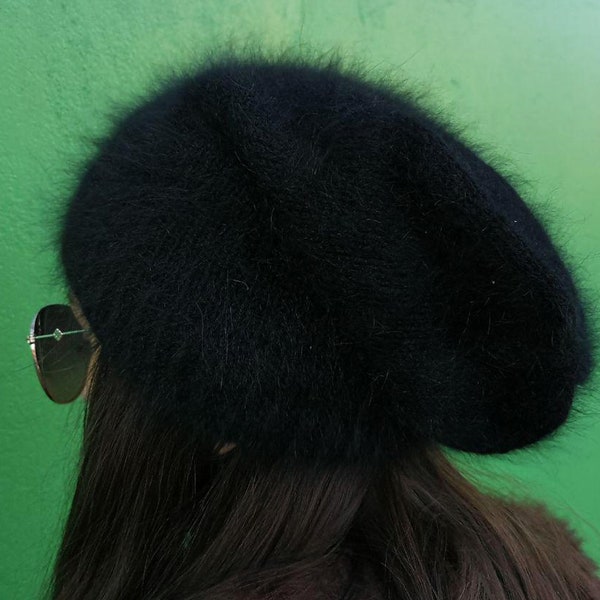 Chapeau angora, bonnet noir, chapeau angora femme, chapeau angora sans pompon, cadeau pour anniversaire, chapeaux angora tricotés