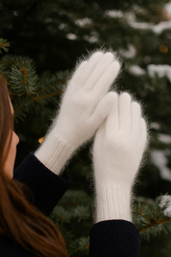 White Knit Angora Gloves, Warm Knit Gloves, Fluffy Gloves