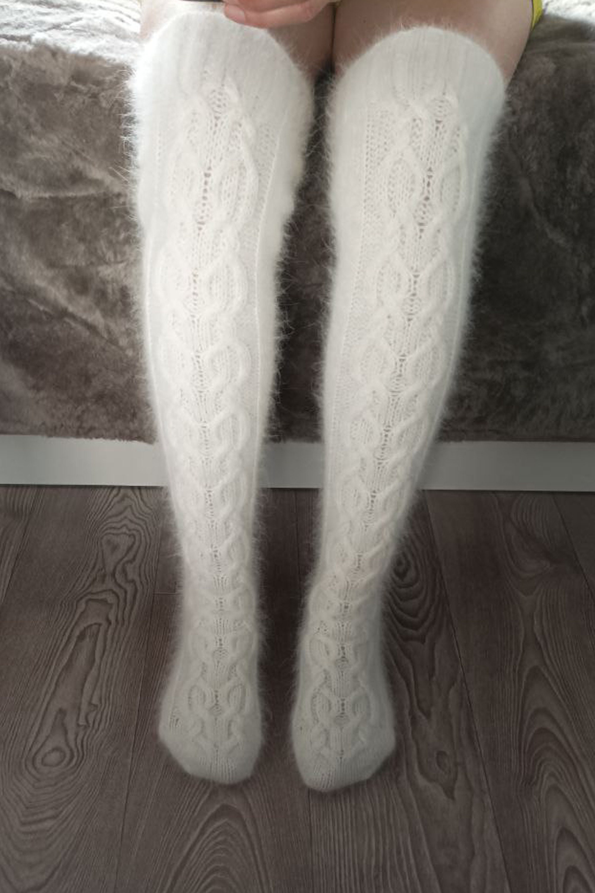 Thigh High Angora Handmade Socks, Home White Soft Sock, Rabbit Socks ...