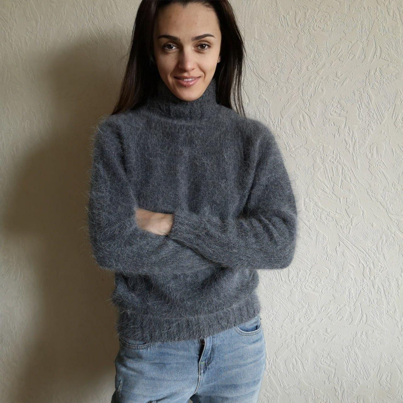 ニット・セーター HUECLOSET Angora Collar Knit SW24 Sweater Angora Knit Women, Angora Knit Jumper, Dark Gray