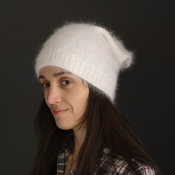 White Knit Angora Gloves Women Knit Mittens Hat Women Angora Knit