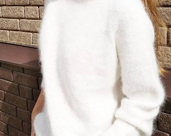 Sweater angora knit women White Women Knit Sweater Winter handknit Sweater Cozy Fluffy Sweater