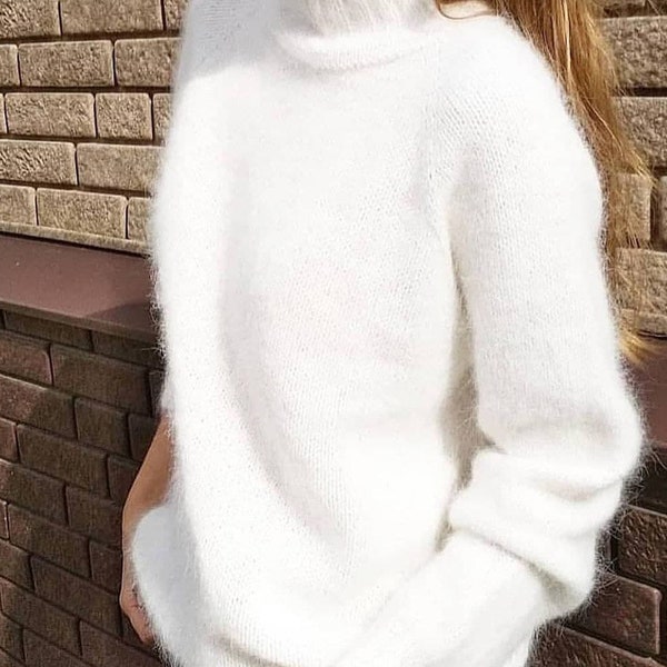 Sweater angora knit women White Women Knit Sweater Winter handknit Sweater Cozy Fluffy Sweater