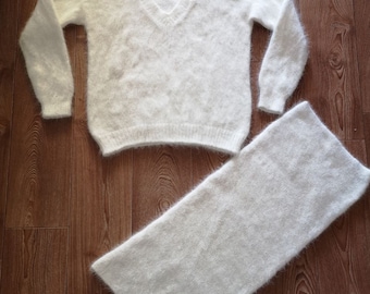 Sweater skirt angora knit women White Women Knit Sweater Winter Wedding suit