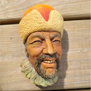 Vintage 1966 Himalayan Bossons Head Chalkware Wall Art England Hand Painted