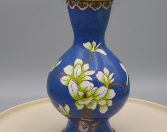 Vintage Cloissone Enamel Brass Vase with Lotus Flower Blue and Gold As Is