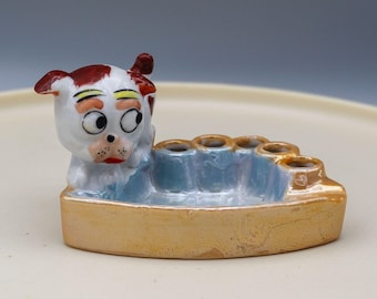 Vintage Signed W. W. Woodward Mineral Wells Porcelain Dog Ashtray Made in Japan