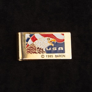 Vintage 1985 Baron Enamel Eagle USA Money Clip Gold Toned