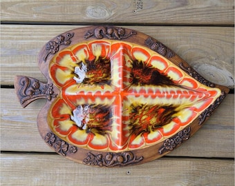 Vintage 1970s Treasure Craft Leaf Serving Dish Squirrel Brown Orange Yellow AS IS